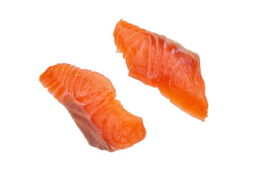 sliced raw salmon isolated on white background, clipping paths