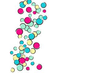 Confetti background with comic pop art polka dots. Big colored spots, spirals and circles on white. Vector illustration. Rainbow childish splash for birthday party. Rainbow confetti background.