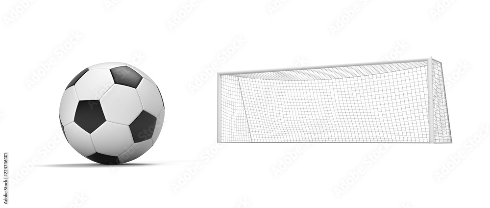 Poster 3d rendering of a black and white football standing ball in front of empty gates.