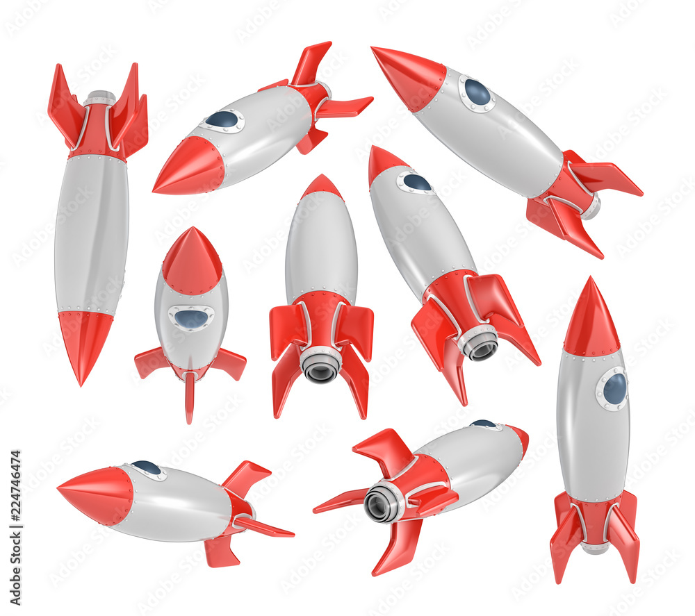 Poster 3d rendering of many vintage looking space rockets placed randomly on a white background.