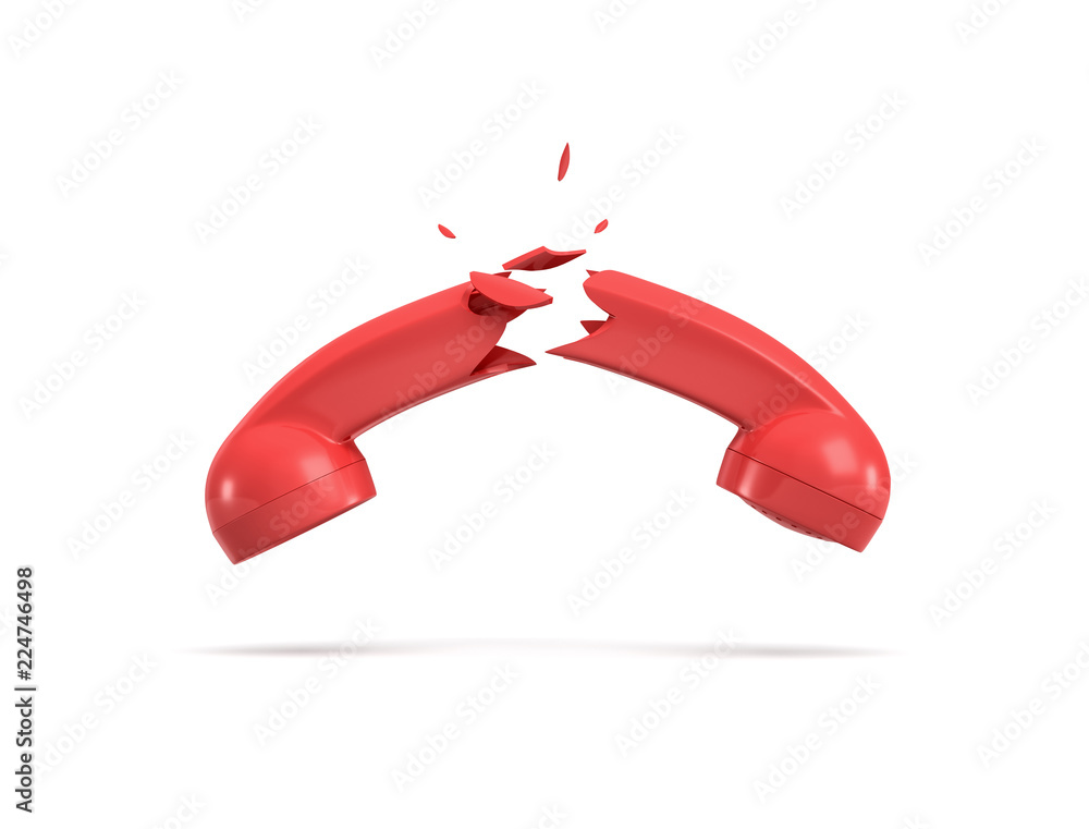 Poster 3d rendering of a red retro phone receiver broken in half on a white background.