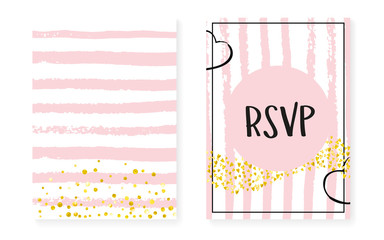 Gold glitter sequins with dots. Wedding and bridal shower invitation cards set with confetti. Vertical stripes background. Trendy gold glitter sequins for party, event, save the date flyer.