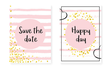Wedding invitation set with dots and sequins. Bridal shower cards with gold glitter confetti. Vertical stripes background. Fashion wedding invitation set for party, event, save the date flyer.