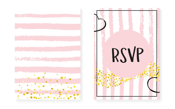 Gold glitter sequins with dots. Wedding and bridal shower invitation cards set with confetti. Vertical stripes background. Trendy gold glitter sequins for party, event, save the date flyer. - Powered by Adobe