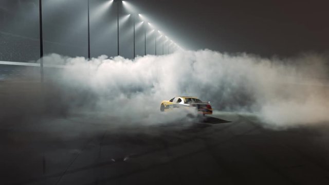 Drifting race car burnout with lots of smoke. Victory burn, speed, fast 4k