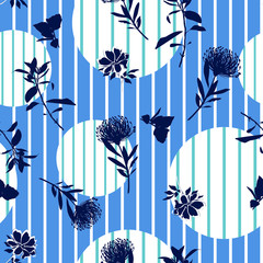 Blue Silhouette of Autumn orange floral seamless pattern on modern stripe polka dot vector , delicate flower wallpaper, wild flowers  wallpaper on light blue background