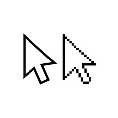 Mouse pointer arrow vector icons. Arrow cursor pixel and regular, white fill.