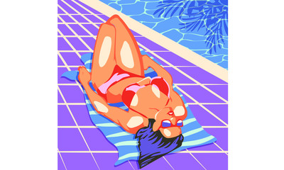 beautiful woman lying on the beach towel near swimming pool top view of pretty girl, summer holiday and summer camp poster traveling template poster badge vector illustration party