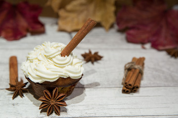 Pumpkin spice cupcake with cinnamon sticks and anise decoration. Autumn spice homemade muffins with pumpkin, cream-cheese and whipped icing  with yellow and red leaves on the wooden background.