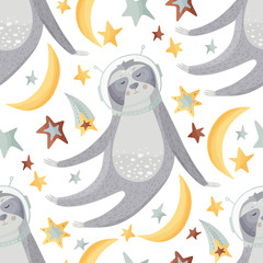 Seamless pattern with sloths in flat style.