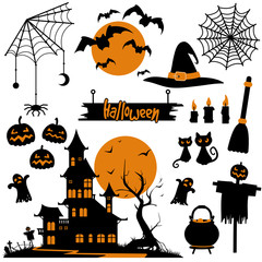 Halloween vector collection. Black and orange silhouettes, symbols of celebration
