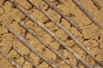 Wall Of Natural Wood And Clay, Background Texture