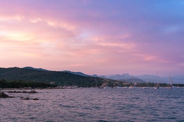 Vue depuis la punta di Porto Pollo en soir&eacute;e, Baie de Propiano, Porto pollo, Corse 