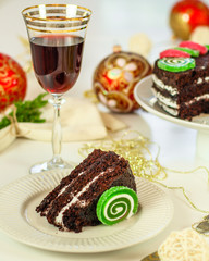 glass of red wine and a cake. Top view. food background copy space