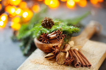 Traditional Christmas spices, food background