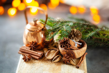 Fototapeta na wymiar Traditional Christmas spices, food background