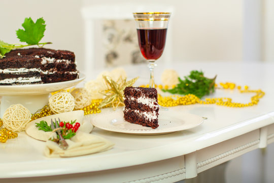 glass of red wine and a cake. Top view. food background copy space