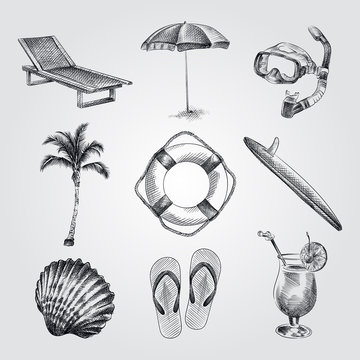 Hand Drawn Summer set sketches. Vintage vacation collection with Summer items. Big beach set of Chaise-longue; mask for diving; Beach umbrella; flip flops; surfboard; Lifebuoy sketches.