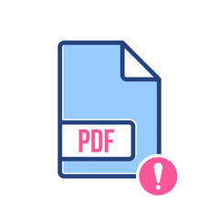 PDF document icon, pdf extension, file format icon with exclamation mark. PDF document icon and alert, error, alarm, danger symbol