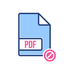 PDF document icon, pdf extension, file format icon with not allowed sign. PDF document icon and block, forbidden, prohibit symbol