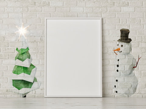 Mock up poster on brick wall with Christmas print, 3d rendering, 3d illustration