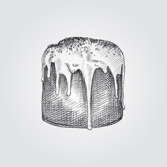 Hand Drawn Traditional Easter cake with topping Sketch Symbol isolated on white background. Vector Easter elements In Trendy Style.