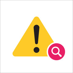 Warning triangle icon, Error, alert, problem, failure icon with research sign. Warning triangle icon and explore, find, inspect symbol