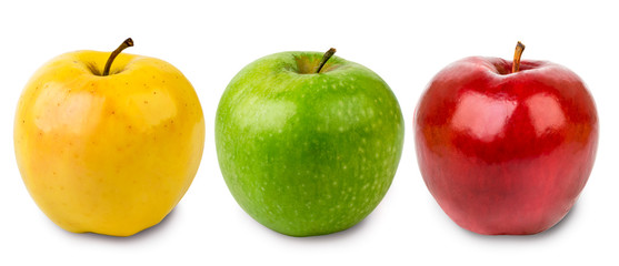 Three apples green, yellow and red on a white, isolated.