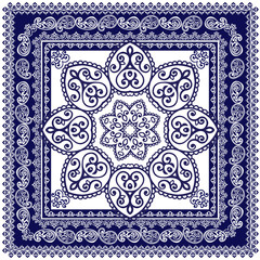 Indigo traditional paisley pattern. Vector ornament paisley Bandana Print, square pattern design style for print on fabric.

