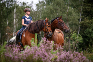 Mädchen mit Pferden in der Heide