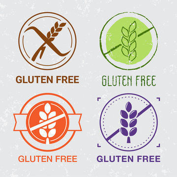 Gluten free icons. Сeliac signs. Free of wheat, gluten product. Gluten free marks for foodstuffs. Nutrition and holistic labels. Healthy food icons. Different styles