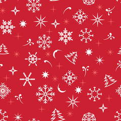 Seamless christmas pattern. Snowflakes, christmas trees, stars on red background.
