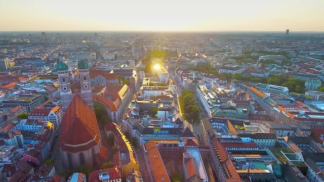 Munich aerial view, munich germany skyline aerial view, of church and city centre at sunrise
