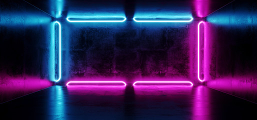 Futuristic Sci-Fi Modern Spaceship Club Party Dark Concrete Room With Rectangle Shaped Blue And Purple Glowing Neon Tubes 3D Rendering