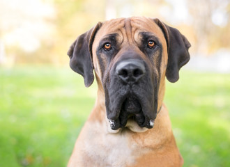 A Boerboel dog with a serious expression outdoors