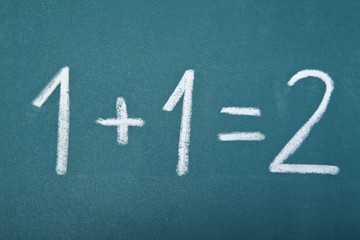 Basic arithmetic equation written on a chalkboard - 1 + 1 = 2