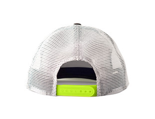 Back view of black snapback cap or trucker hat with mesh isolated on white background