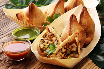 Vegetarian samsa or samosas.Indian special traditional street food punjabi samosa or Coxinha,...