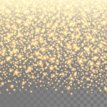 Gold sparkles on the transparent background. Vector light effect.