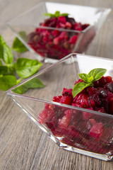 Salad from the beet. Vinegret is a traditional Russian salad made from beets and vegetables. Two bowls with salad.