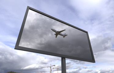 flying plane in the reflection of a billboard