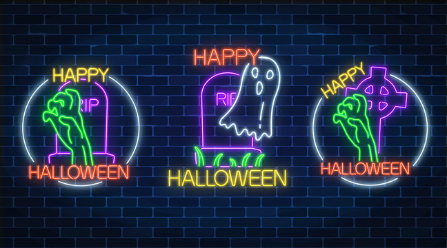 Set of three halloween illustrations in neon style. Bony hand and chost silhouette from grave. Vector illustration