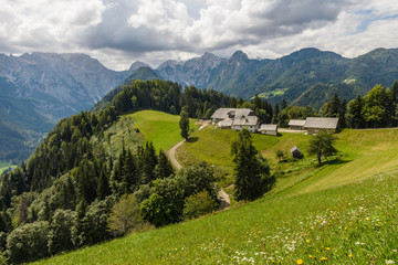 Sunny summer landscape with Solcava panoramic road, Logarska Dolina,Slovenia.A popular tourist and travel destination