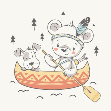 Vector illustration of a cute dog and baby bear Indian with paddle on canoe.