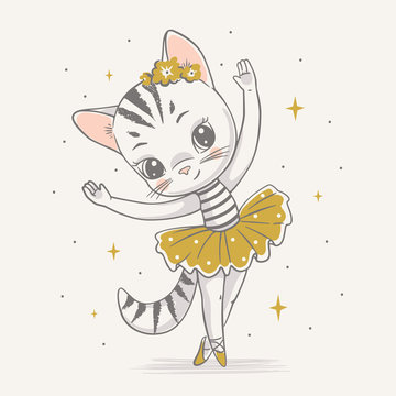 Vector illustration of a cute kitty ballerina in the yellow tutu.