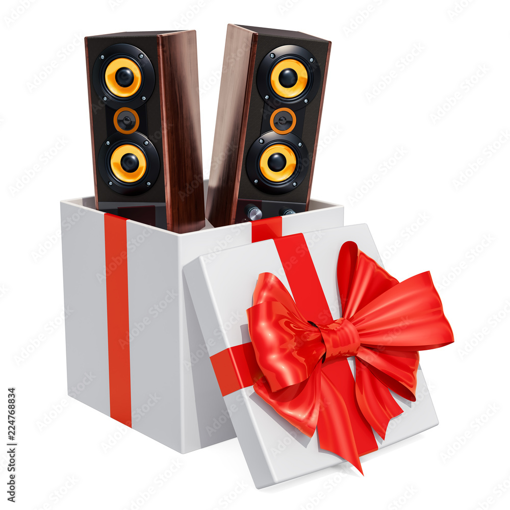 Poster gift box with computer speakers, 3d rendering