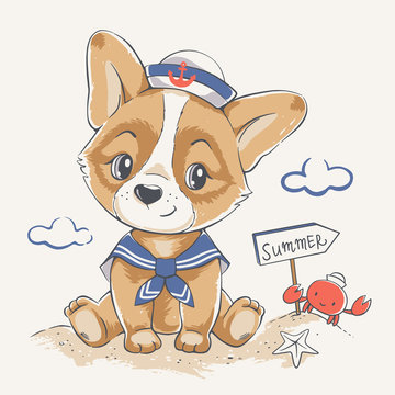 Vector illustration of a cute puppy in sailor costume, seated on the beach.