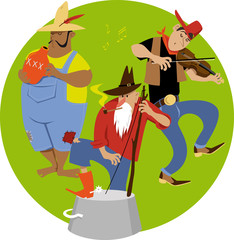 American jug band cartoon with a fiddler and jug and washbasin bass players, EPS 8 vector illustration