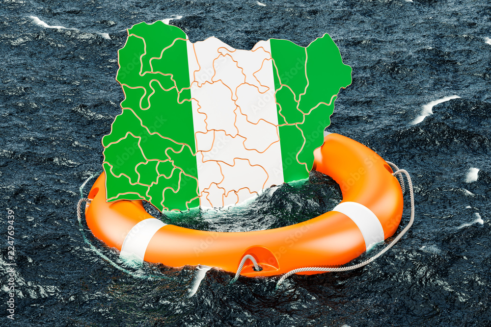 Poster lifebuoy with nigerian map in the open sea. safe, help and protect concept. 3d rendering