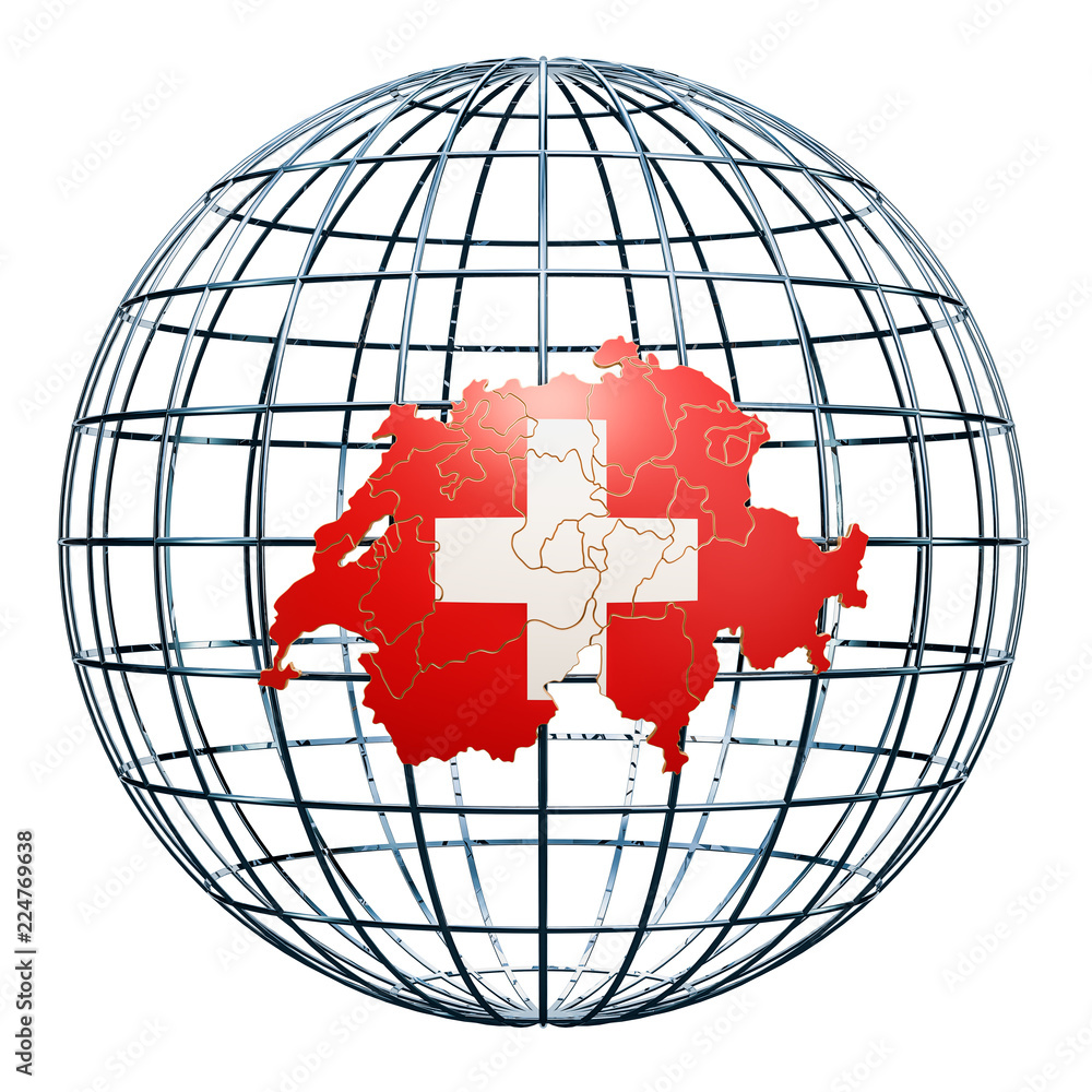 Poster swiss map on the earth globe. 3d rendering